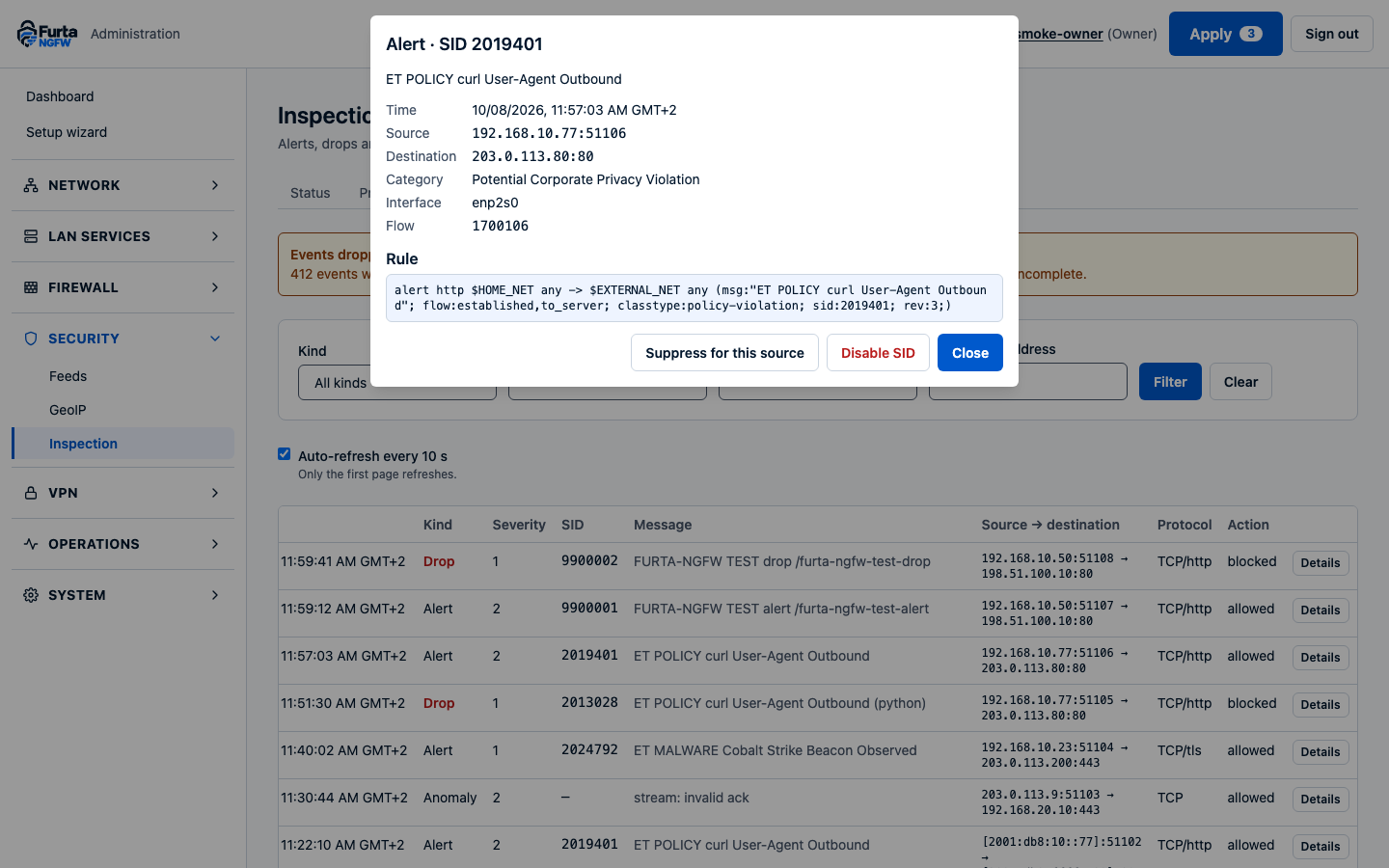 An inspection alert opened from the event list: SID 2019401, its source, destination, flow and rule text.